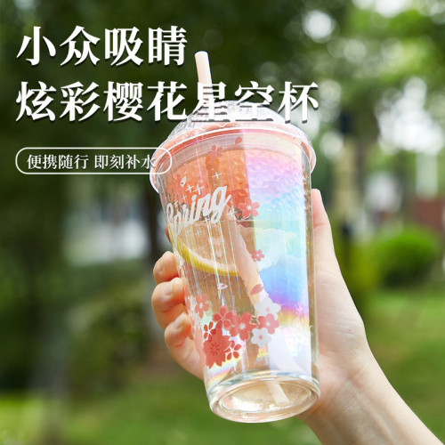 高顔值碎冰吸琯杯玻璃水杯家用大容量炫彩字母杯帶蓋喝水杯子