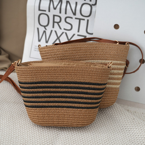 女士單肩包條紋棉繩編織包現代簡約編織斜後背包沙灘包