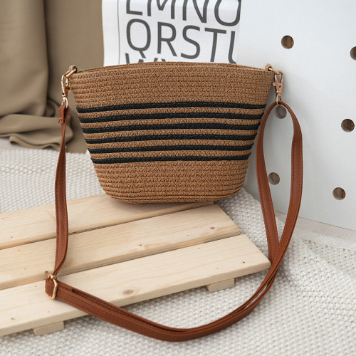 女士單肩包條紋棉繩編織包現代簡約編織斜後背包沙灘包