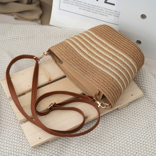 女士單肩包條紋棉繩編織包現代簡約編織斜後背包沙灘包