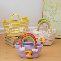 棉繩編織包新款女2023手提女包小衆設計休閒帶蓋雜物收納筐草編包