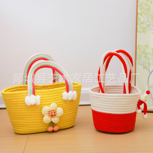 棉繩編織包新款女2023手提女包小衆設計休閒帶蓋雜物收納筐草編包 棉繩編織包新款女2023手提女包小衆設計休閒帶蓋雜物收納筐草編包