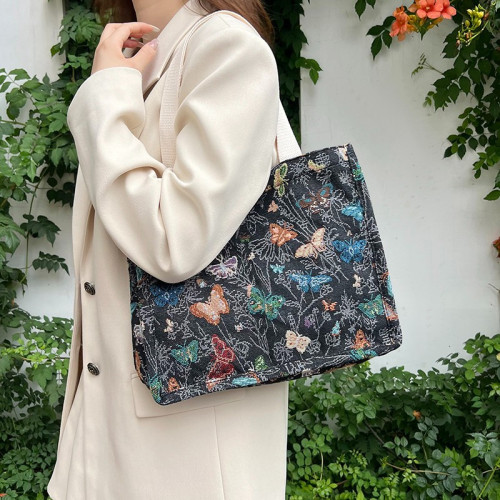 帆布包提花刺綉手提便當包媽咪包霤娃袋手提母嬰包學生通勤包女