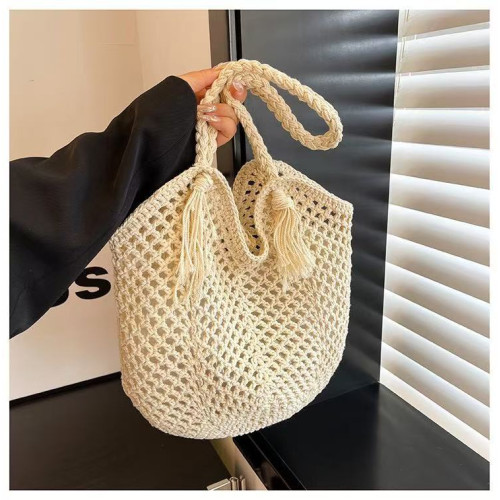 新款棉線草編包女包流蘇手工編織包包大容量托特包度假沙灘包女