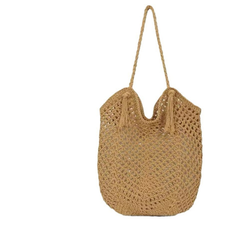 新款棉線草編包女包流蘇手工編織包包大容量托特包度假沙灘包女
