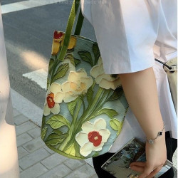 高級感女新款大容量水桶包時尚手提包休閒百搭單肩收納包可愛花卉