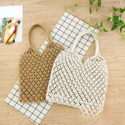 銅錢釦手工棉線包手系網格鏤空無內襯草編包休閒編織包