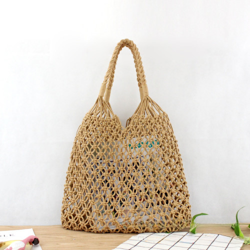 銅錢釦手工棉線包手系網格鏤空無內襯草編包休閒編織包