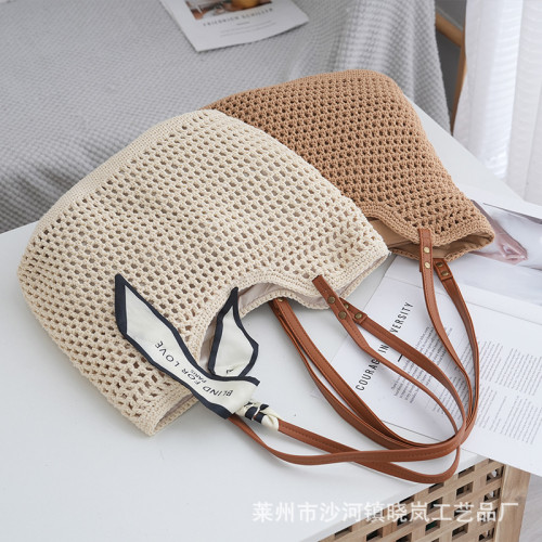 新款大容量單肩棉線編織包新款鏤空網紋托特包海邊度假沙灘包女包