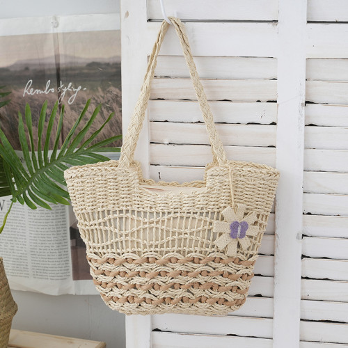 2025新款蝴蝶花朵撞色紙繩編織包單肩草編包休閒女士包沙灘度假 2025新款蝴蝶花朵撞色紙繩編織包單肩草編包休閒女士包沙灘度假