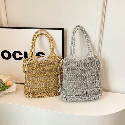韓ins金銀線鏤空手工編織包度假沙灘包手提草編包手拎包女包 韓ins金銀線鏤空手工編織包度假沙灘包手提草編包手拎包女包