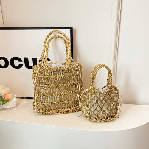 韓ins金銀線鏤空手工編織包度假沙灘包手提草編包手拎包女包 韓ins金銀線鏤空手工編織包度假沙灘包手提草編包手拎包女包