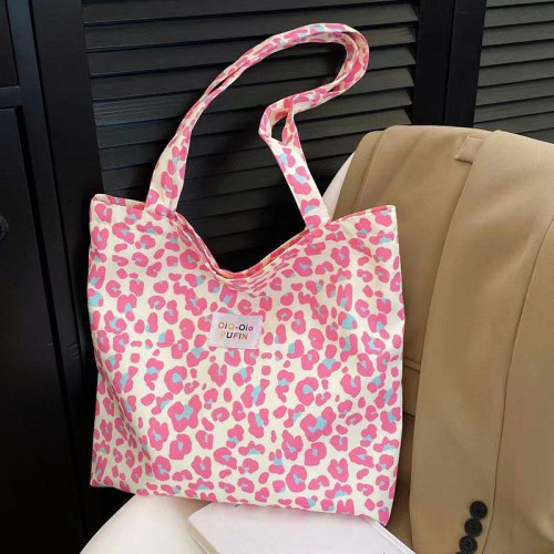 田園風碎花粉色單肩包 百搭ins豹紋帆布包大容量女生外出購物袋