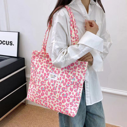 田園風碎花粉色單肩包 百搭ins豹紋帆布包大容量女生外出購物袋