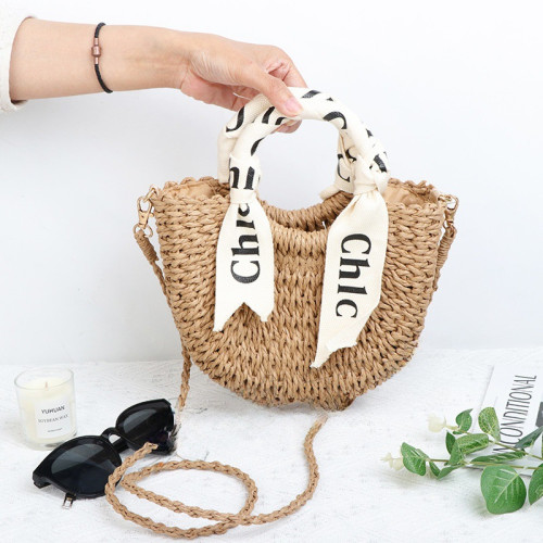 字母絲帶手提包半圓手工編織包百搭度假包沙灘草編包女包 字母絲帶手提包半圓手工編織包百搭度假包沙灘草編包女包