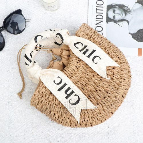 字母絲帶手提包半圓手工編織包百搭度假包沙灘草編包女包 字母絲帶手提包半圓手工編織包百搭度假包沙灘草編包女包