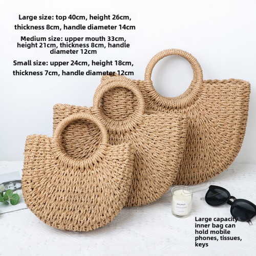 字母絲帶手提包半圓手工編織包百搭度假包沙灘草編包女包 字母絲帶手提包半圓手工編織包百搭度假包沙灘草編包女包