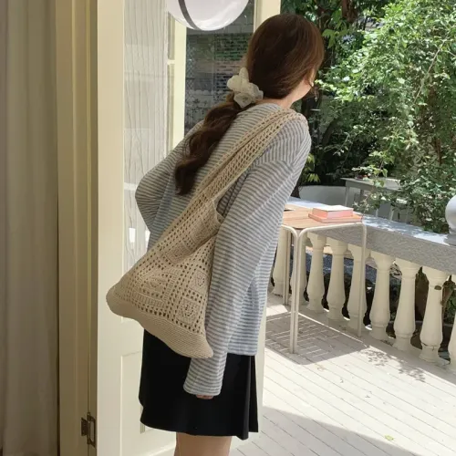 新款chic慵懶風鏤空編織包休閒百搭托特包針織夏日出遊手拎包