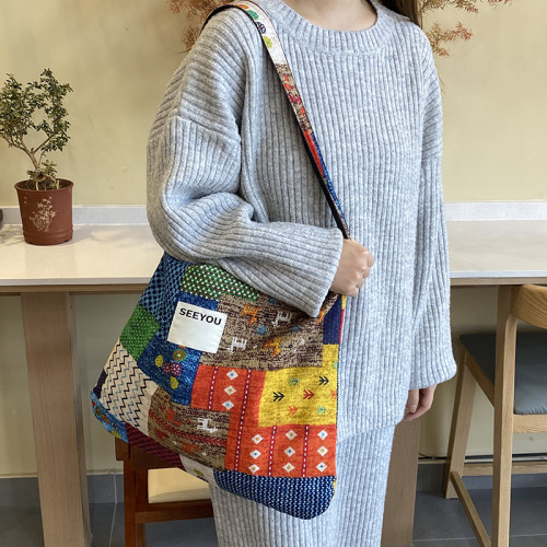 春夏新款復古民族風碎花拼布單肩包波西米亞風情帆布包多用途女包