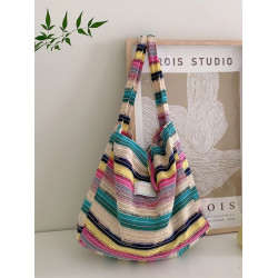 38101 包包女2023新款毛線針織手提包撞色彩虹條紋腋下單肩編織包