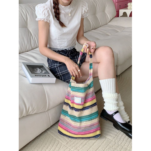 38101 包包女2023新款毛線針織手提包撞色彩虹條紋腋下單肩編織包