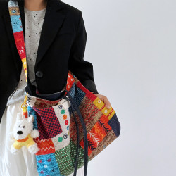 雙麵包波西米亞牛仔帆布包百搭通勤托特包兩面可用復古撞色斜後背包