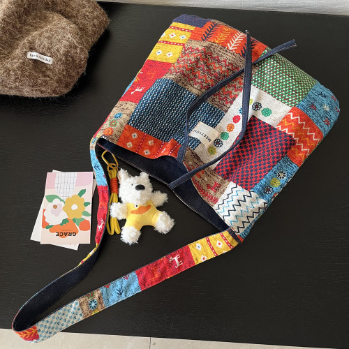 雙麵包波西米亞牛仔帆布包百搭通勤托特包兩面可用復古撞色斜後背包