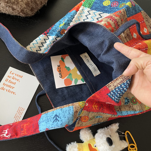 雙麵包波西米亞牛仔帆布包百搭通勤托特包兩面可用復古撞色斜後背包