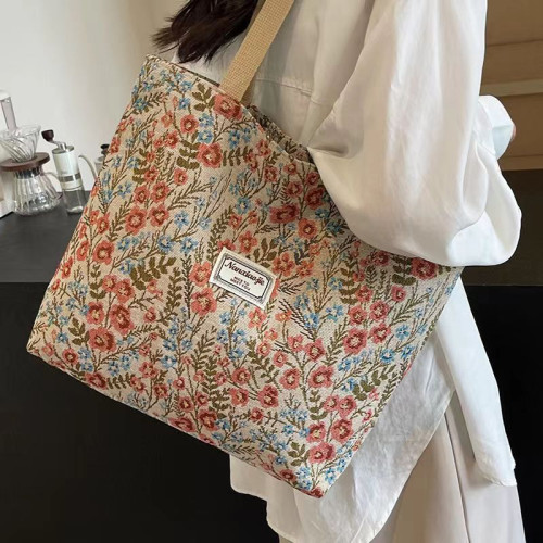 大容量單肩手提包包女2024新款ins帆布包慵懶風托特上課通勤包