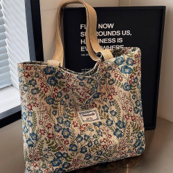 大容量碎花手提包包2025新款單肩托特包創意帆布包可愛ins便當包