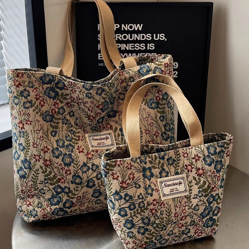 大容量碎花手提包包2025新款單肩托特包創意帆布包可愛ins便當包