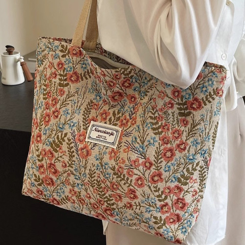 大容量碎花手提包包2025新款單肩托特包創意帆布包可愛ins便當包