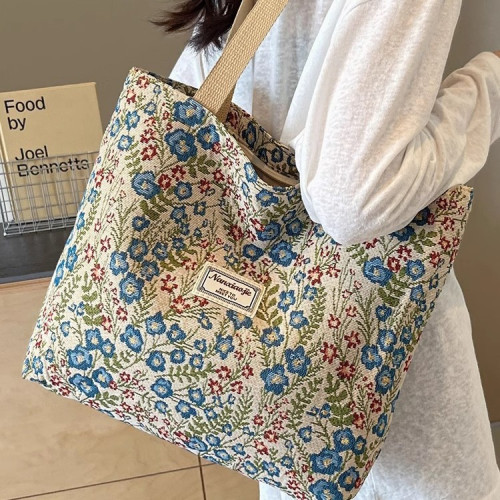 大容量碎花手提包包2025新款單肩托特包創意帆布包可愛ins便當包