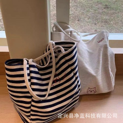 條紋帆布包“快樂小狗”小衆刺綉大容量慵懶風托特包休閒購物布袋