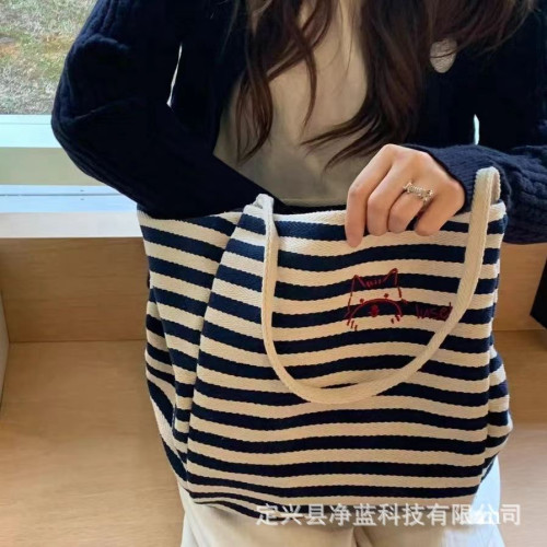 條紋帆布包“快樂小狗”小衆刺綉大容量慵懶風托特包休閒購物布袋