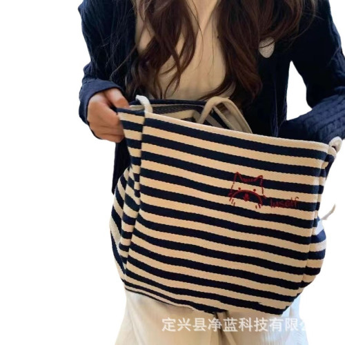 條紋帆布包“快樂小狗”小衆刺綉大容量慵懶風托特包休閒購物布袋