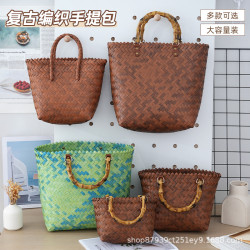 大容量手工編織包 時尚百搭編織包菜籃子復古仿竹節包 沙灘度假包