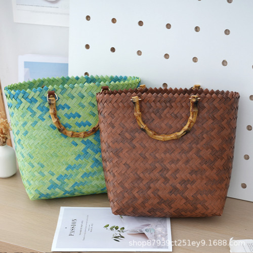 大容量手工編織包 時尚百搭編織包菜籃子復古仿竹節包 沙灘度假包 大容量手工編織包 時尚百搭編織包菜籃子復古仿竹節包 沙灘度假包
