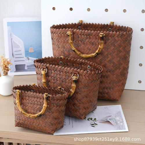 大容量手工編織包 時尚百搭編織包菜籃子復古仿竹節包 沙灘度假包 大容量手工編織包 時尚百搭編織包菜籃子復古仿竹節包 沙灘度假包