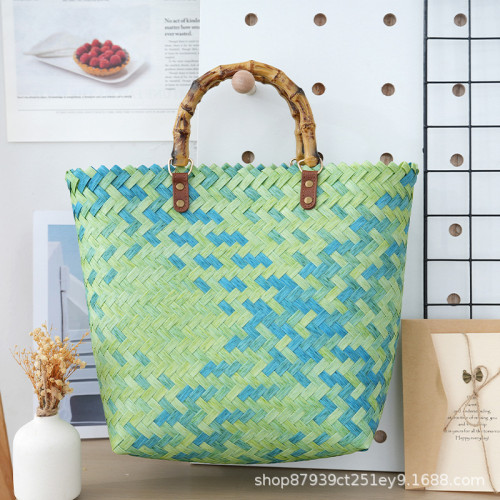 大容量手工編織包 時尚百搭編織包菜籃子復古仿竹節包 沙灘度假包 大容量手工編織包 時尚百搭編織包菜籃子復古仿竹節包 沙灘度假包