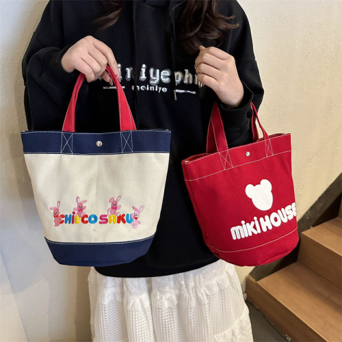 日系新款帆布包印刷卡通字母手提水桶包大容量飯盒包上班族後背包 日系新款帆布包印刷卡通字母手提水桶包大容量飯盒包上班族後背包