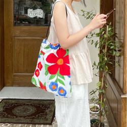 ins復古小衆花朵包夏天的花園印花帆布包日常百搭學生單肩包女包