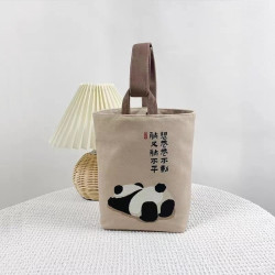 風書法手提帆布包可愛熊貓panda手提水桶包遛彎小布袋收納IK