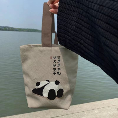風書法手提帆布包可愛熊貓panda手提水桶包遛彎小布袋收納IK