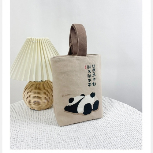風書法手提帆布包可愛熊貓panda手提水桶包遛彎小布袋收納IK