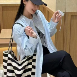 韓國ins文藝撞色條紋帆布包托特大容量單肩慵懶購物袋大包單肩包