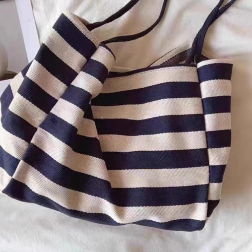 韓國ins文藝撞色條紋帆布包托特大容量單肩慵懶購物袋大包單肩包