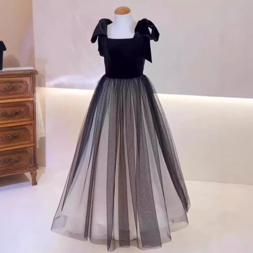 兒童禮服黑色絲絨2025新款鋼琴演出服高級感女童主持人網紗公主裙