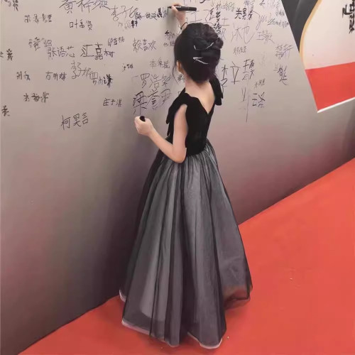 兒童禮服黑色絲絨2025新款鋼琴演出服高級感女童主持人網紗公主裙