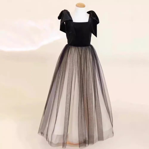 兒童禮服黑色絲絨2025新款鋼琴演出服高級感女童主持人網紗公主裙